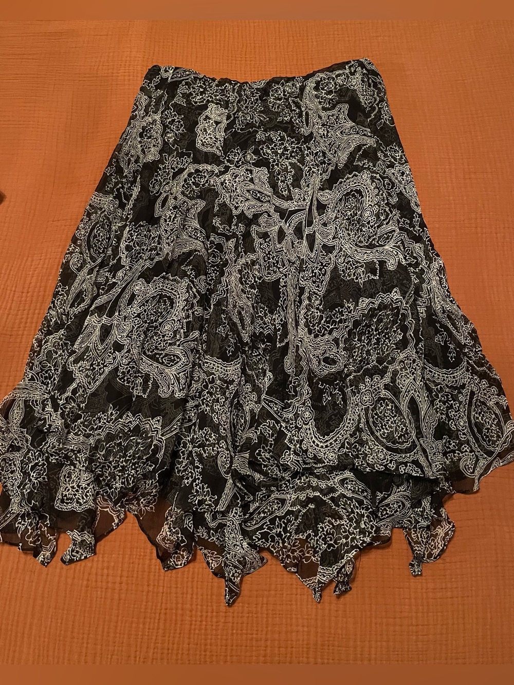 Ralph Lauren Black and White Paisley Asymmetrical Tiered Skirt